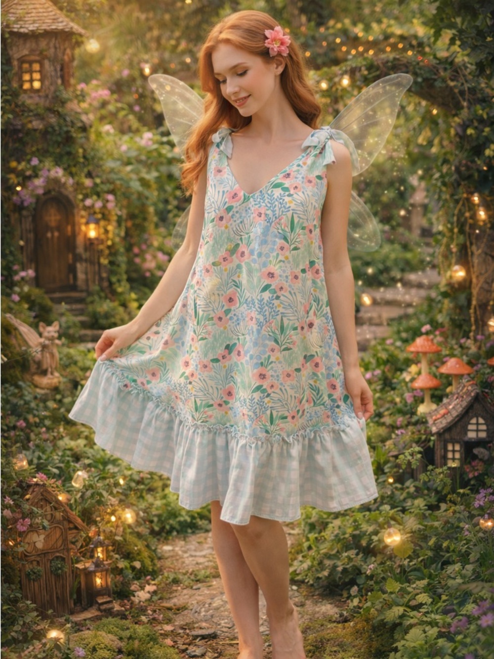 Floral Tie Strap Sundress Ruffle Hem Cottagecore Pastel Dress L